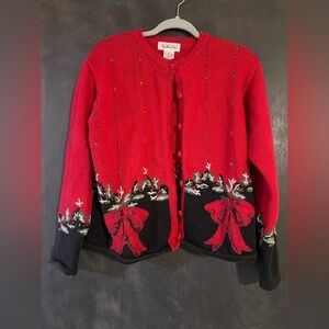 Talbots Festive Red and Black Cardigan